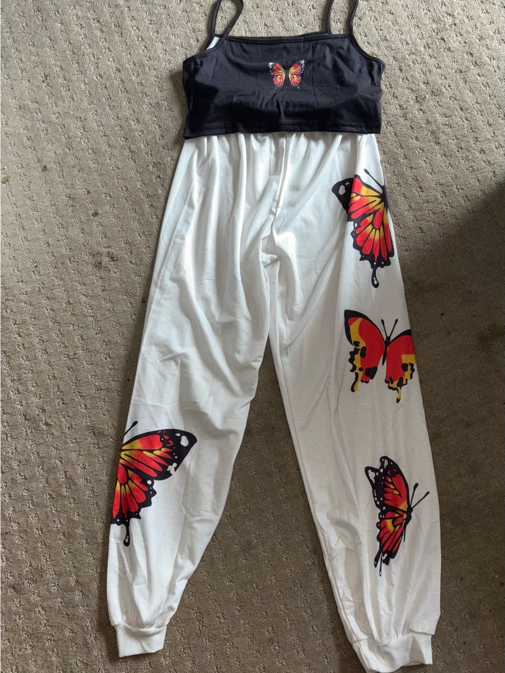 SHEIN Black Crop Tank & White Joggers with Red-Orange Butterfly Print, Size 13Y